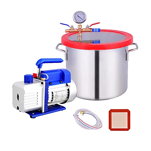 2 Gallon Vacuum Chamber, Heavy Duty Stainless Steel Degassing Chamber Kit with Upgraded 4.5 CFM 1 3HP Vacuum Pump (4.5CFM Vacuum Pump Without Oil + 2Gallon Vacuum Chamber Not for Stabilizing Wood)