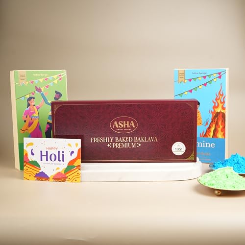 Image of ASHA SWEETS Holi Celebration Combo Pack with Premium Baklava (250gm), 2 x Organic Gulal & Wish Card Set for Gifting & Celebration|Premium Holi Festive Gift Box for Family & Friends