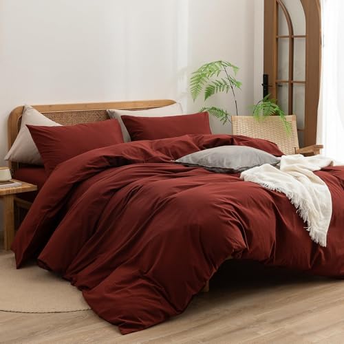 Image of BESTOUCH Cotton Solid Duvet Cover Set Fired Brick Red Super King Plus | 100% Washed Cotton, Soft Wrinkle Texture, Hidden Zipper, 8 Ties, Breathable Lightweight Durable Comfy, 3 Pcs No Insert