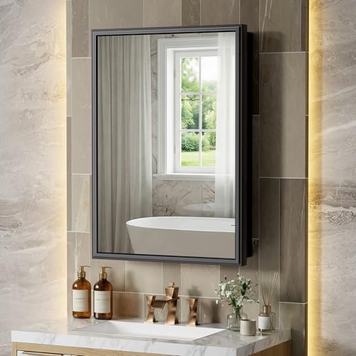 HGLITEDMIR 20 x 28 Inch Medicine Cabinet Recessed or Wall Mount Aluminum Bathroom Medicine Cabinet with Mirror and 3 Adjustable Shelves for Bedroom Entryway Dressing Room Apartment and Hotel Black by HGLITEDMIR - Used condition - US$118.99