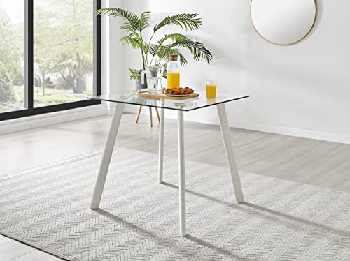 Furniturebox UK Seattle 4 Seat Square Glass Dining Table - Clear Glass Top and Tapered White Metal Legs - Modern Minimalist Industrial Scandi Dining Table