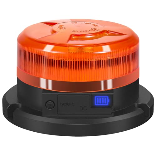 AnTom Gyrophare LED vehicule Feu Rotatif à Batterie avec Indicateur de Niveau de Batterie, 9 Modèles de Clignotement Feu d'Avertissement Magnétique Jaune...