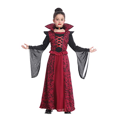 Fooecor Vampire Halloween Costume For Girls, Royal Kids Vampire Dress Deluxe Set With Make-Up Kit, Scary Themed Vampire Costumes For Halloween Role-Play Party (Medium), Red #TOP2