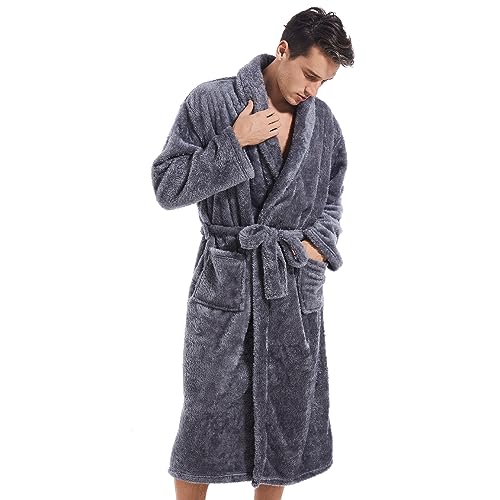 Inner Wish Mens Plush Fleece Robe, Cozy Warm Bathrobe Fuzzy Male Spa Long Robe With Pockets (DARK GREY) - Image 3
