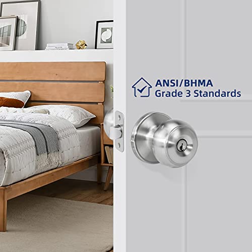 Loqron Keyed Entry Door Knob For Entrance, Front Doorknob With Lock And Key For Exterior & Interior Right And Left Side Bedroom, Living Room, Satin Nickel,1 Pack #TOP4