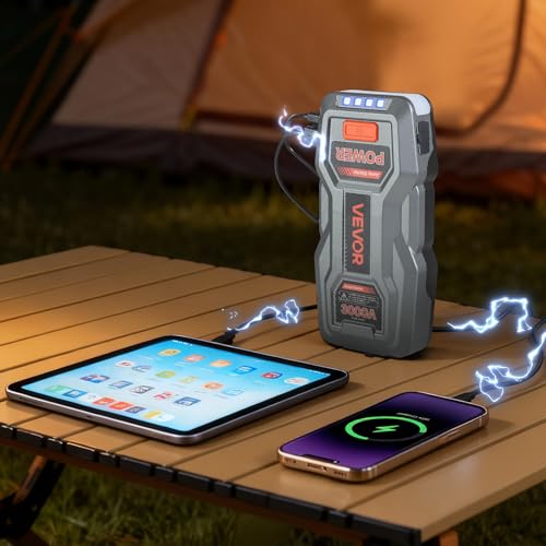 VEVOR Jump Starter, 3000A Peak, Car Jumper Starter Battery Pack, 12V Portable Lithium Battery Booster, Jump Box Power Bank with 3 Modes Flashlight and Jumper Cable, for Up to 9L Gas/7L Diesel Engines by VEVOR - Image 2