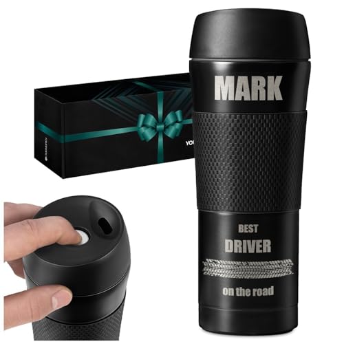 Maverton Customised Travel Mug for Man - Black Tumbler with Non-Slip Headband - with Personalisation - Coffee and Tea Cup for boy - Insulated Cup for Birthday - Gadget for Christmas for him - Driver