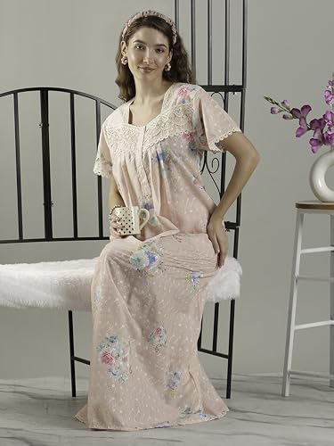 Image of 9shines Label Stylish Chikankari Cotton Nighty Maxi for Women | Full Length Nightgown | Nightdress with Pocket | Embroidery Nighty | Soft Comfortable Cotton Nightwear (1545)