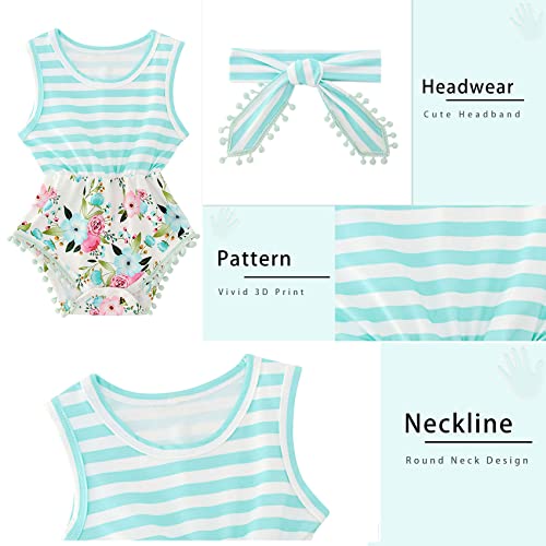 Unicomidea Baby Girl Summer Clothes Cute Flowers Outfit For Newborn Girls 0-3 Months Blue Stripe Baby Onesie With Headband Sleeveless Infant Girls Jumpsuit #TOP3