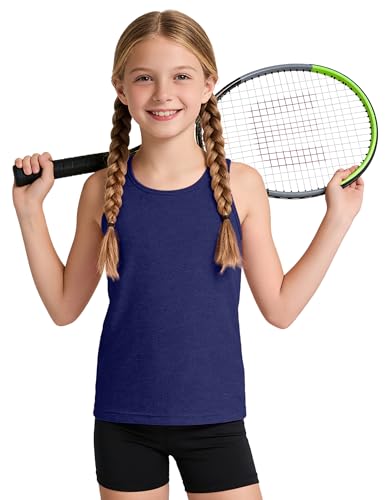 Auranso Girls Tank Tops Athletic Sleeveless Racerback Quick Dry Dance Shirts Navy/Rose Pink/White 13-14 Years — view 2