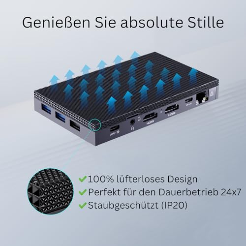 Orbsmart AW-16L Lüfterloser Mini PC Intel N150 16GB DDR5 512GB SSD Windows 11 Pro, Fanless Desktop Computer 4K Triple-Display WiFi 6 USB-C, Lautlos 0dB - Deutscher Hersteller