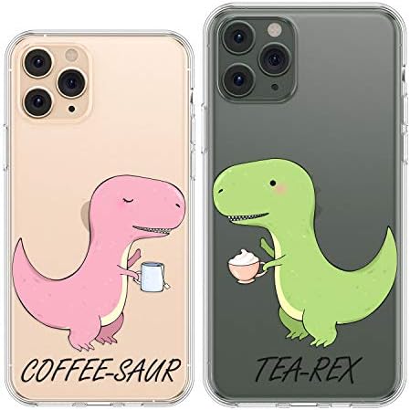 Vonna Matching Couple Cases Replacement for iPhone 14 13 Pro Max 12 Mini 11 Pro Xs 6s 8 Plus 7 XR X SE Clear Coffee-Saur Hilarious Dinosaur Pair Silicone Soft Friends Tea-Rex Trex Design Print P0156