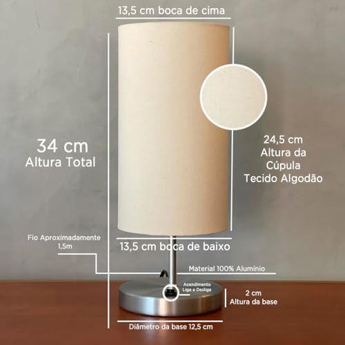 Kit com 2 Luminária de Mesa Abajur Base Redonda Alumínio Com Cúpula de Tecido Algodão (Escovado Cúpu