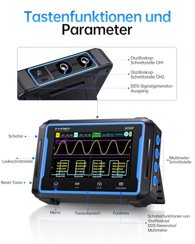 FNIRSI 2C53P Handheld Tablet Oszilloskop, Multimeter, DDS-Signalgenerator 3IN1, 2-Kanal Automobil Oszilloskop Multimeter mit 50MHz Bandbreite, 19999 Zählungen, 250MS/s Abtastung, 4,3-Zoll-Touchscreen