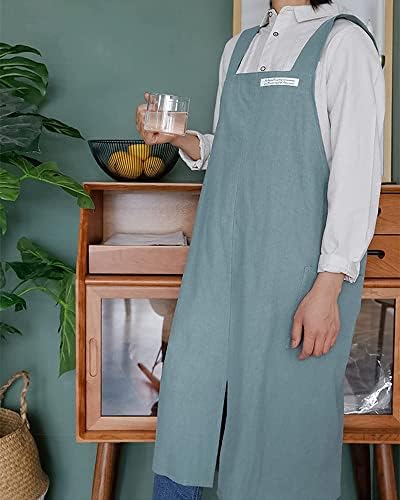 HQPCAHL Cross Back Apron Cotton Linen Japanese Aprons for Women with Pockets Japanese Style Plus Size Apron Dress Pinafore Kitchen Cooking Baking Gardening Painting Cleaning Apron,Black,Large