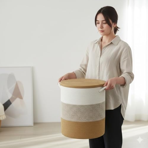 Image of lid Laundry Basket for Clothes, Toy Storage Basket, Storage Basket for Living room, Multi-Purpose, Extra Large Laundry Basket, Dirty Cloth Baskets, 15x20 in inch (LXH) (BG5)