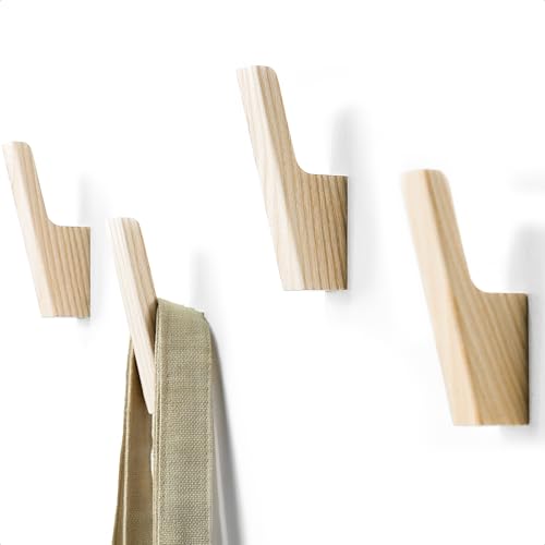 Wall Hooks – Set of 4 – Dark Walnut or Light Ash Wood Coat Hooks for Hanging Hat, Purse, Backpack, Bag, Jacket. Modern Farmhouse Decor for Wall and Practical Entryway Hooks (Ash Wood)