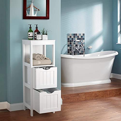 Luarane Bathroom Floor Storage Cabinet, Wooden Storage Organizer Cabinet With 1 Open Shelf 2 Adjustable Drawers, Narrow Free Standing Sideboard For Entryway Living Room Kitchen, White #TOP6