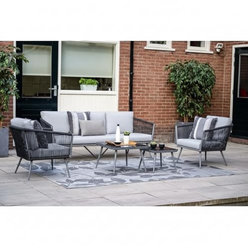 Image of LOCCUS 5-Piece Indoor & Outdoor Patio Furniture Set - Hand-Woven Rope Rattan Sectional Sofa with Tempered Glass Coffee Table, All-Weather Modular Conversation Set for Garden, Balcony, Lawn (Grey)