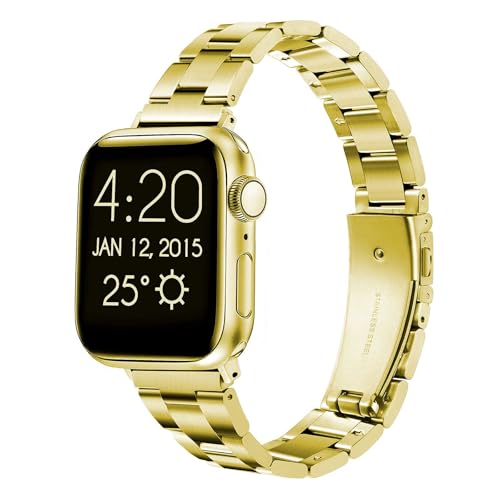 SRDZ Stainless Steel Apple Watch Bands, Adjustable Metal Strap 38mm 40mm 41mm 42mm 44mm 45mm 46mm 49mm, Dressy Bracelet Compatible with Apple Watch Series 12 11 10 9 8 7 6 5 4 3 2 1 SE Ultra Gold(Gold Apple Watch Band *1, 42 44 45 46 49mm) by SRDZ - Used condition - US$15.77