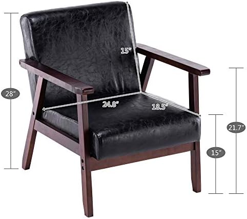 Leather Wood Cushion Armchair Tub Chair Retro Chair Vintage Single Sofa for Living Room Bedroom (Black, One Size)