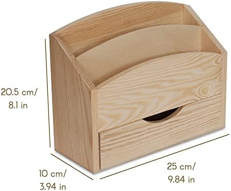 Creative Deco Wooden Desk Organiser Letter Rack | 25 x 10 x 20.5cm | 2 Compartments with Drawer | Unpainted Wood Box Tray for Letters Paper Work | Plain Organiser for Office Accessories & Storage
