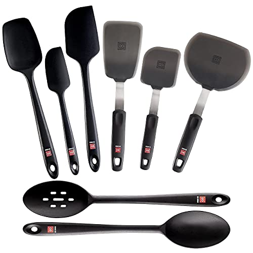 DI ORO 8 Piece Silicone Kitchen Utensil Set - 600°F Heat-Resistant Rubber Kitchen Turner Spatulas, Spoons, and Spoonula - Dishwasher Safe, Flexible, and Heavy-Duty Cooking and Baking Tools Black