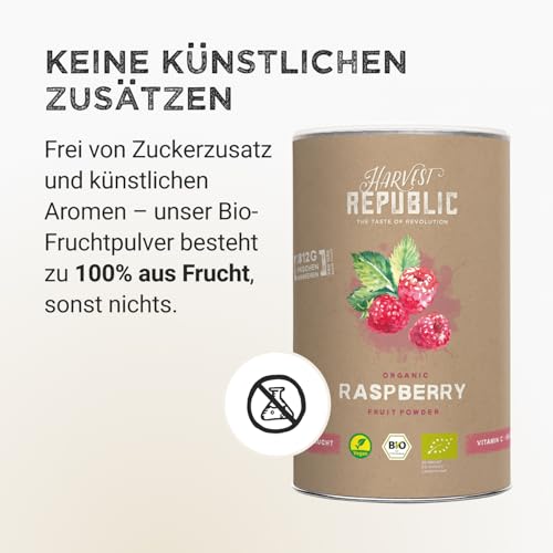 HARVEST REPUBLIC Bio-Himbeerpulver aus gefriergetrockneten Früchten | Perfekt für Smoothie Bowls, Porridge und Frühstücksbowls | 100% Fruchtpulver ohne zugesetzten Zucker (125 g)