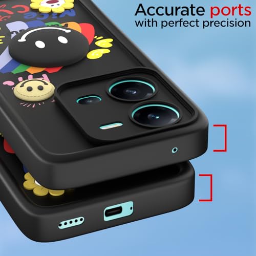 Image of Pikkme Back Cover for Vivo V25 5G | Soft Silicone| Cute Rainbow Smile & 3D Cartoon Flower Design | Shockproof Raised Camera Protection Bumper Case (Black)