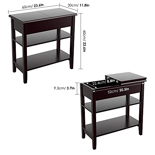 Urkno Narrow End Table With Storage, Flip Top Side Table With Shelves, Wood Nightstand Sofa Table For Bedroom, Living Room, Dark Brown #TOP4