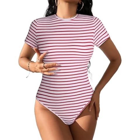 LilyCoco Women's Striped Short Sleeve Bodysuit Cover