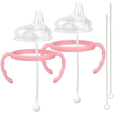 Sippy Cup Soft Spout Conversion Kit for Comotomo Baby Bottles, Transition Sippy Cup Bundle Fits Comotomo, Sippy Spout Nipples Weighted Straw, Bottle Handles and Cleaning Brush, Pink, 2 Pack Cover