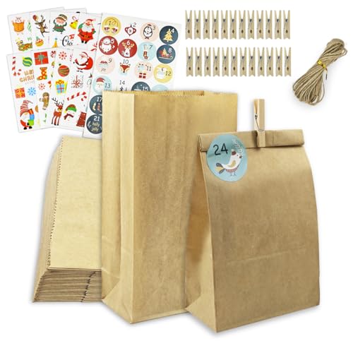 FONHREW 24 Bolsas de Papel 22x12x7cm Bolsas Chuches Cumpleaños Infantil 8 Pegatina Gratis Bolsass de Regalo de Papel Kraft para Regalos Fiestas Cumpleaños Navidad Bodas