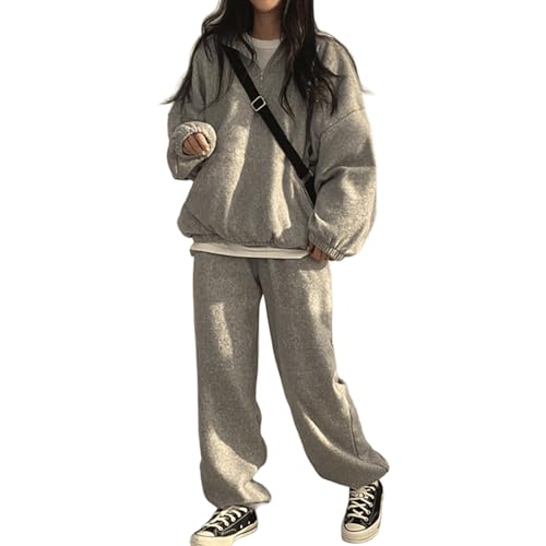 [SUAIARTCOLE] スウェット セットアップ レディース 長袖 上下セット 大きいサイズ ハーフジップ ロングパンツ 裏起毛 厚手 ゆったり カジュアル おしゃれ スポーツウェア 部屋着 ルームウェア 韓国風 秋 冬 (JP, アルファベット, L, 標準, グレー)