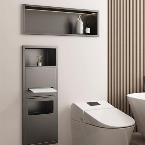 Double-Layer Shower Niche Waterproof Leakproof Storage Shelf Recessed Trash Can Paper Drawer Niche Black Stainless Steel Bathroom Niche,Black-52x20cm (Black 70x28cm)