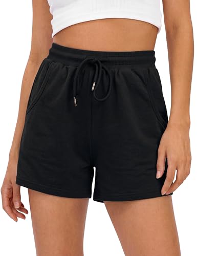 Image of Litherday Gym Shorts for Women UK Soft Lounge Shorts High Waist for Summer Daily Wear Comfy Hiking Travel Casual Sweat Shorts with Pockets Drawstring (Black, M)