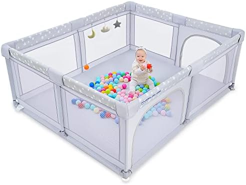 Baby Playpen, ANGELBLISS Playpen for Babies and Toddlers, Extra Large Play Yard with Gate, Indoor & Outdoor Kids Safety Play Pen Area with 3 Plush Toys, Star Print (Grey, 71"×59")