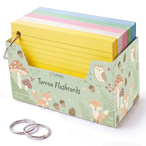 Image of Turron Blank Index Flash Cards with Binder Rings for Study, Notes & Revision (150, Multicolor, 4 x 6 Inch, 2-Side Ruled)