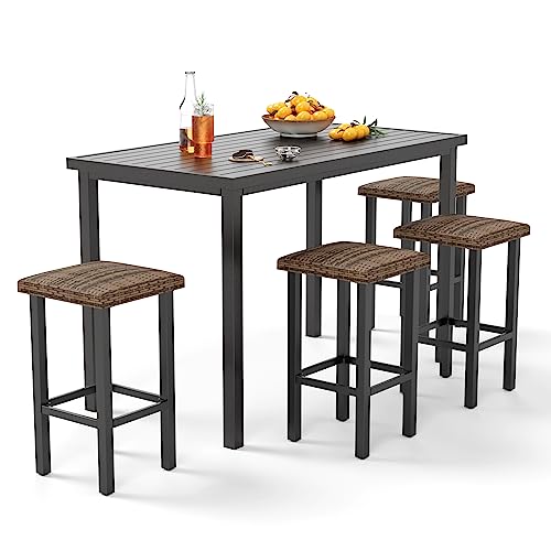 PHI VILLA 5 Piece Patio Bar Set, Black Wood Grain Metal Bar Table & 4 Wicker High Bar Stools, Bar Height Outdoor Dining Set for Porch, Yard, Deck, Poolside