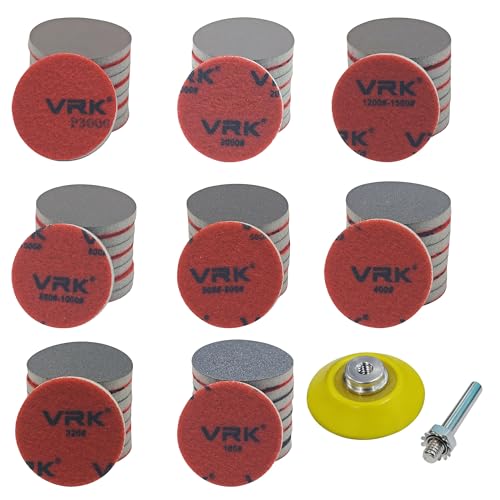 VRKET 64 PCS 2 Inch Sanding Disc Pad,Hook and Loop Sanding Pads 180 to 3000 Wet Dry Sponge Sandpaper with 1/4” Shank for Drill Sanding Grinder Rotary Tools Curved Surface Polishing and Sanding