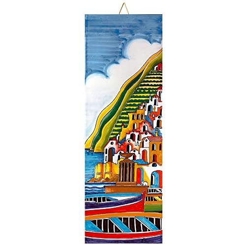 Baldosa cerámica cm. 10x30 con Impresión de un Paisaje de la Costa de Amalfi, Positano Landscape Day 2 Azulejo Ornamental para Colgar.