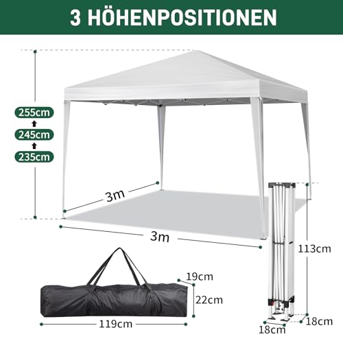 Tonnelle de Jardin Pliante 3x3m, Tente Réception Pliante Imperméable avec Sac de Transport pour Camping Festival Plage Jardin - Blanc – vue 2