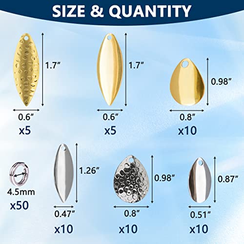 Orootl Fishing Spinner Blades Split Rings Kit, 100Pcs Colorado Willow Blades Lure Rings Set Gold Silver Spoon Easy Spin Spinner Bait Making Freshwater Saltwater Walleye Rig Inline Diy Accessories #TOP1