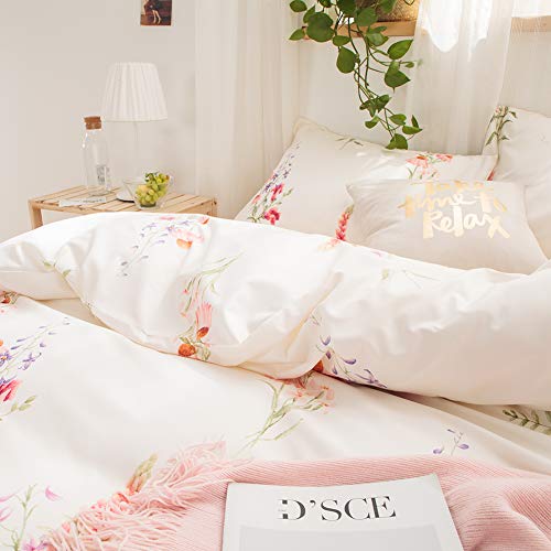 Merryword Botanical Floral Bedding Pink Flowers Duvet Cover Set Pink Orange Purple Flowers Printed French Country Style Bedding Sets Queen 1 Duvet Cover 2 Pillowcases (Queen, Offwhite) #TOP3