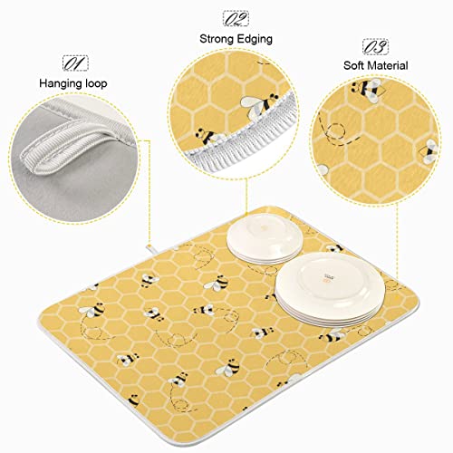 Funny Bees Honey Dish Drying Mat 16X18 For Kitchen Counter Yellow Bumblebee Beehive Dishes Pad Absorbent Fast Dry Dish Draining Mats Medium Kitchen Accessories #TOP3