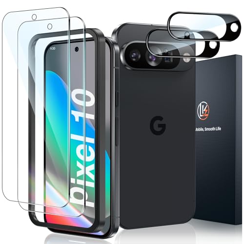 LK   Cristal templado compatible con Google Pixel 10, 2 protectores de pantalla y 2 cámaras traseras protectoras con marco de instalación (antiarañazos, sin burbujas de aire, 9H dureza, ultra claro)