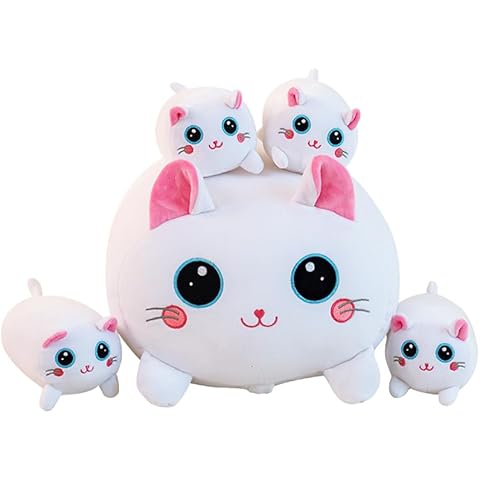 Gudisi Cat Plush, Cute White Cat Stuffed Animals Mommy with 4 Kitties Plushies in Tummy,16" Soft Jumbo Cat Plush Pillow Toy Gifts for Girls Boys Cover