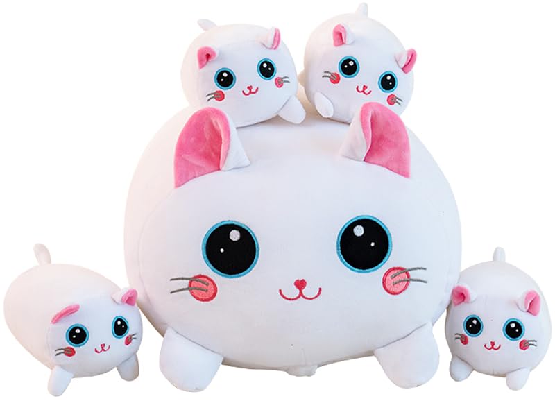 SQEQE Peluche Chat Siamois Géant Avec 4 Bébé Chats - Oreiller Doux 5 En 1 Cadeau Anniversaire Pour Enfants