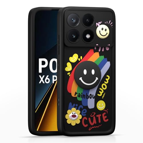 Image of Pikkme Back Cover for Poco X6 Pro 5G | Soft Silicone| Cute Rainbow Smile & 3D Cartoon Flower Design | Shockproof Raised Camera Protection Bumper Case (Black)