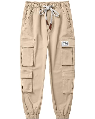 SHOOYING Boy's Cargo Pants Cotton Casual Elastic Joggers Trousers, 6-16 Years